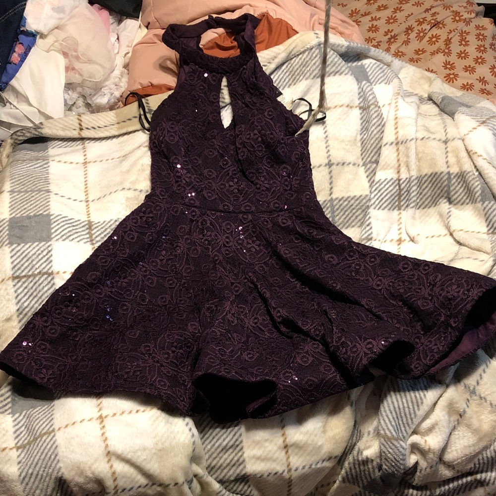 B Darlin Deep Purple Lace Halter Party Dress